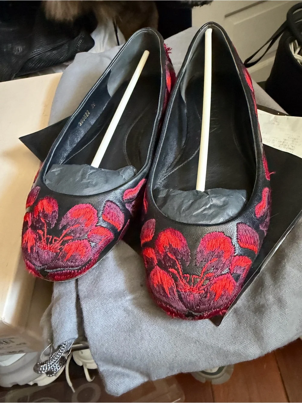Alexander McQueen Black Leather Flats with Red Embroidered Floral Motif